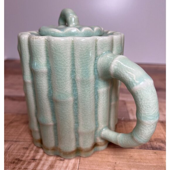 Pretty Celadon Crackle Glaze Ceramic Bamboo Teapot - Picture 3 of 5